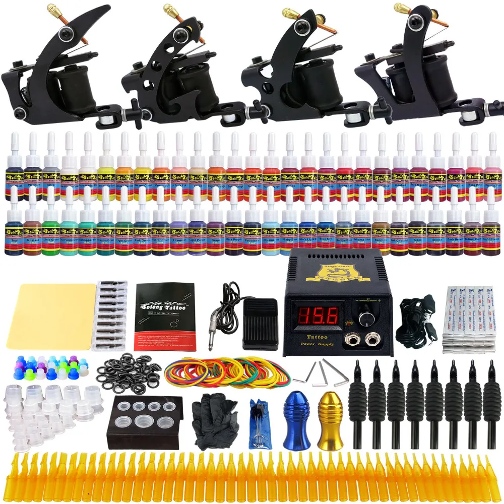 

Professional Complete Tattoo Kit 4 Pro Machine Guns 54 Inks Power Supply Foot Pedal Needles Grips Tips Carry Case TK457