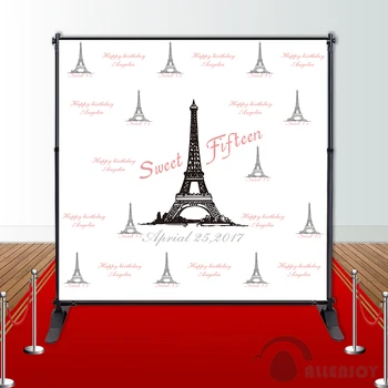

Allenjoy Girls Birthday backdrops Step and Repeat Background Eiffel Tower party banner Invitation celebration Party customize