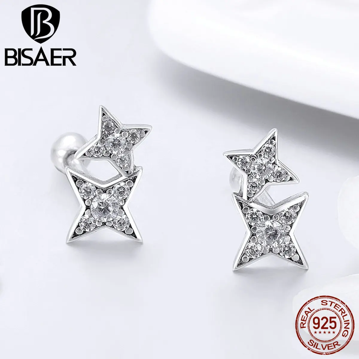 BISAER, 925 пробы, серебряные ослепительные серьги-гвоздики со звездами, модные, прозрачные, CZ, серьги со звездой для женщин, ювелирные изделия, Brincos Bijoux ECE432