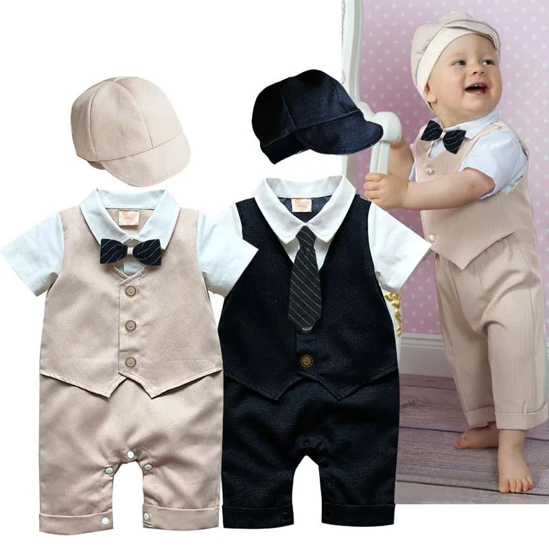 JXYSY Newborn clothes baby boy romper summer short sleeve baby boy jumpsuit Gentleman suit jumpsuit children baby clothes+hats
