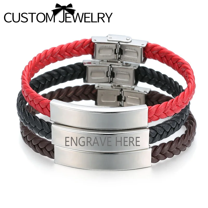 

GAGAFEEL Leather Braided Bracelets Engrave Name ID Bracelet For Men Women Stainless Steel Bracelets Lovers Bangles Jewelry Gift