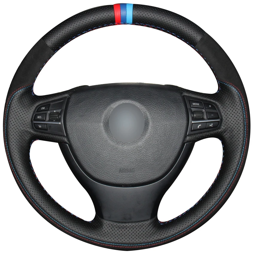 cheap Hand sewing custom Black Leather Black Suede Car Steering Wheel Cover for for BMW F10 523Li 525Li 2009 730Li 740Li 750Li