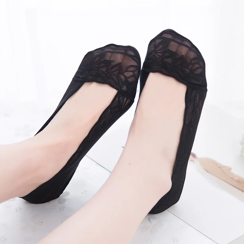 

5 Colors Fashion Women Socks Summer Lady Cotton Lace Short Ankle Female Solid Color Antiskid Invisible Liner Low Cut Socks