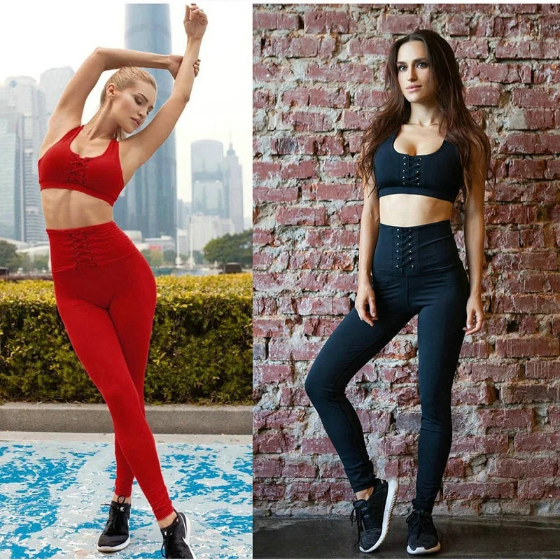 

Bandage Sport Suit Women Yoga Set Sportswear Lace Up Crop Tops High Waist Leggings 2 Pcs Tracksuit Gym Fitness Clothing