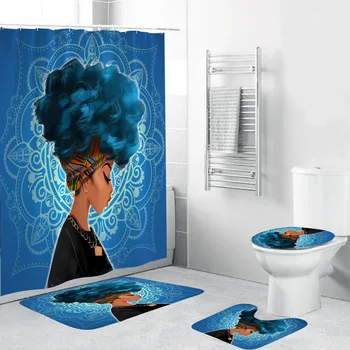 

4PCS/Set Non-Slip Lavatory Elegant Lady Bath Set Polyester Fiber Waterproof Shower Curtain Toilet Cover Mat Set Home Bathroom