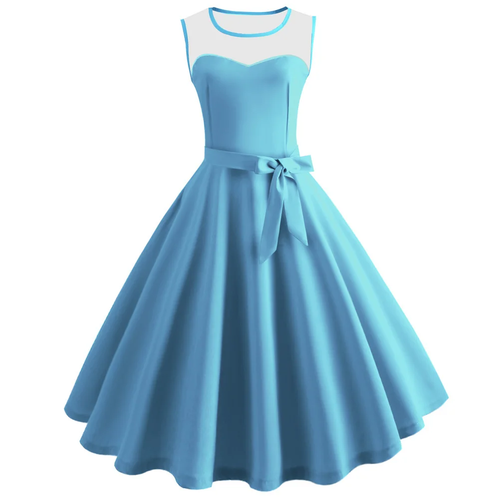

Joineles Candy Color Summer Lace Women Dress Solid Color Elegant Style Vintage Dress Round Neck Sleeveless Belts Office Vestidos