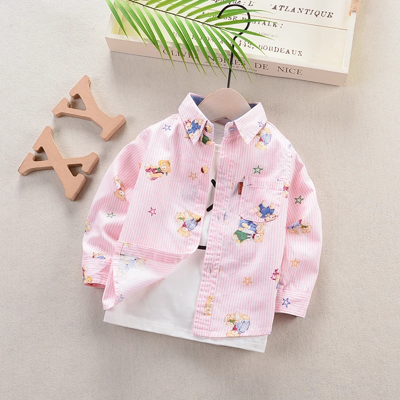 

2019 Spring Baby boy shirt Long-sleeved pure cotton Kids clothes bear print shirts cartoon infants shirts