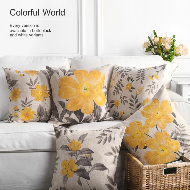 Yellow Decorative throw pillow case Flower Cushion cover Linen Cushions Home Decor Seat Chair ...