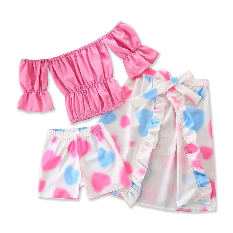 

3PCS Set Toddler Kids Baby Girl Summer Clothes Off shoulder Rose Red Tops+Heart Print Skirt Shorts Outfits Clothing Set