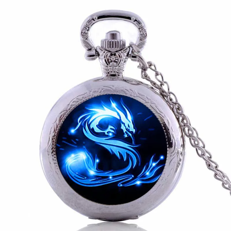 Синие карманные часы с драконом Ожерелье Стеклянный кабошон ручной работы ювелирные изделия Длинные Фото Арт колье Шарм Фэнтези крыло ювелирное изделие дракон - Окраска металла: Посеребренный
