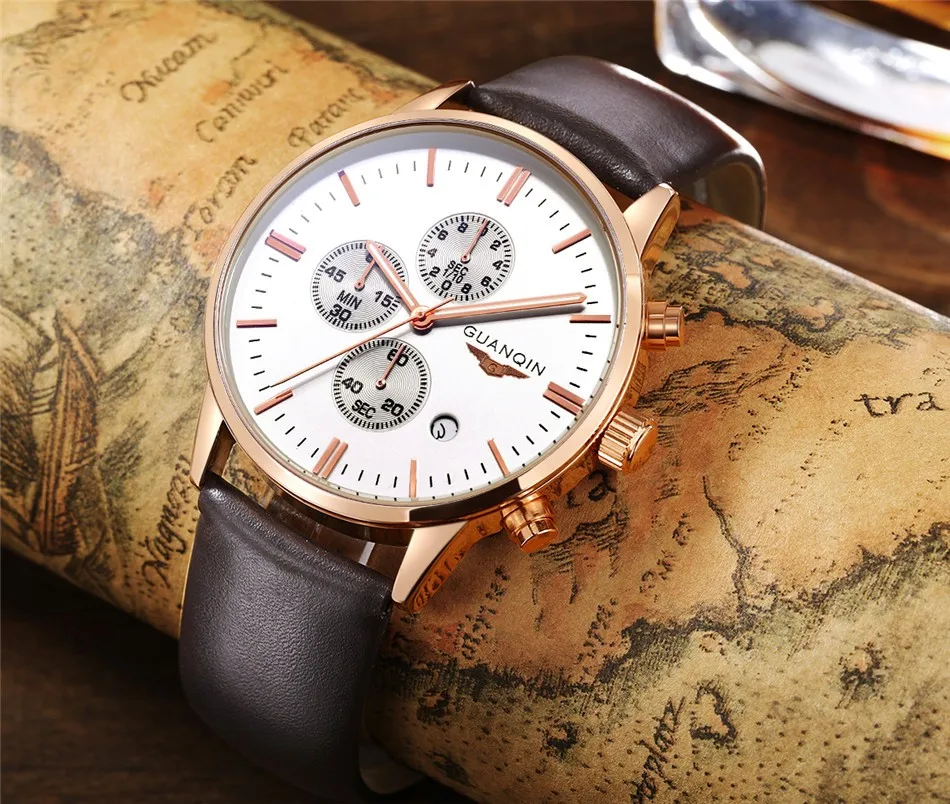 GUANQIN Quartz Watch Mens Watches Top Brand Luxury Chronograph Clock Men Sport Waterproof Leather Wristwatch relogio masculino