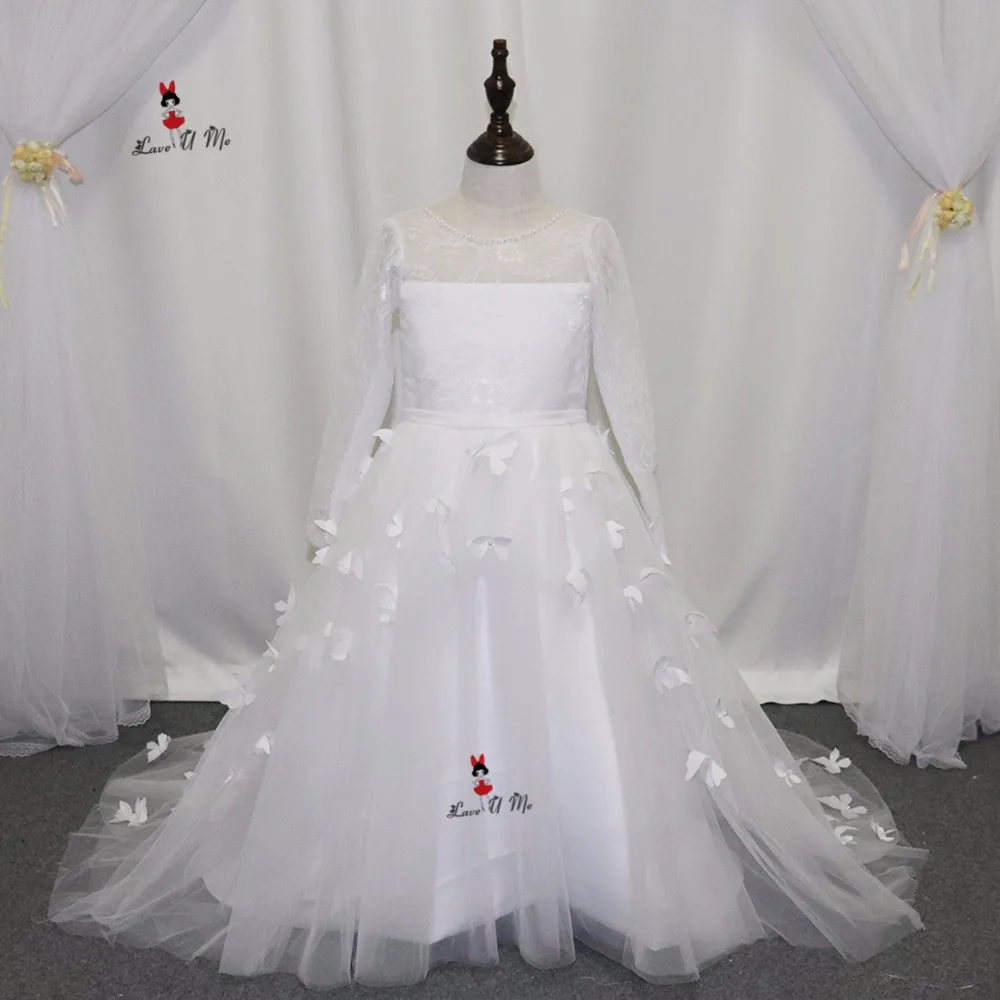 Белые Платья с цветочным принтом и бабочкой для девочек на свадьбу, кружевное пышное платье, бальное платье для маленьких девочек, vestidos