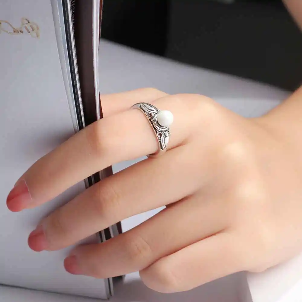New Women Solid 925 Sterling Silver Rings Vintage Pattern with Simulated Pearl Jewelry Rings Gift For Girls JewelOra RI102755