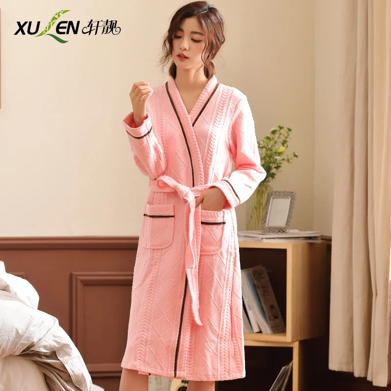 ผู้หญิงผ้าฝ้าย thicken dressing gown plus ขนาด night robe ฤดูใบไม้ผลิ