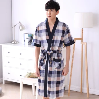 

Newest 2017 Summer Thin Cotton Knited Men's Bath Robes gentlemen's homewear male sleepwear Plaid lounges pajamas pyjamas 4XL