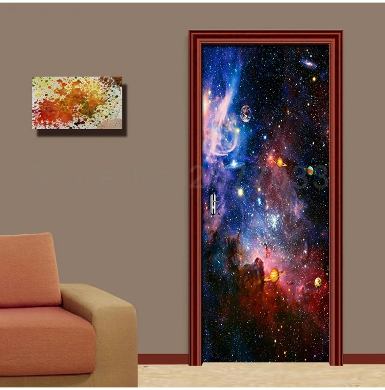 Наклейки на двери Вселенная Звездная Водонепроницаемая 3D настенная бумага для гостиной обои для двери спальни ПВХ самоклеющиеся художественные наклейки на стены