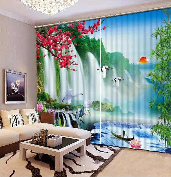 

Chinese Curtains Modern 3D beautiful waterfall landscape Curtains Window Printing Photo Curtains For Home Decor