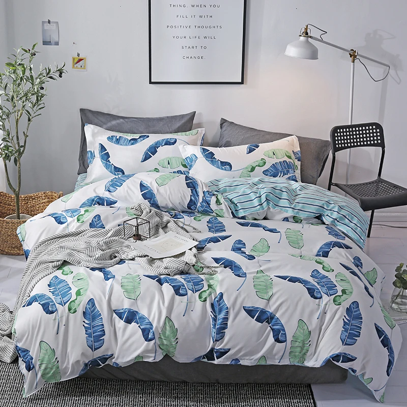 

White/Blue duvet cover nature green leaves print bedding set queen strip bed set bedroom decor hotel bedspread beautiful bedding