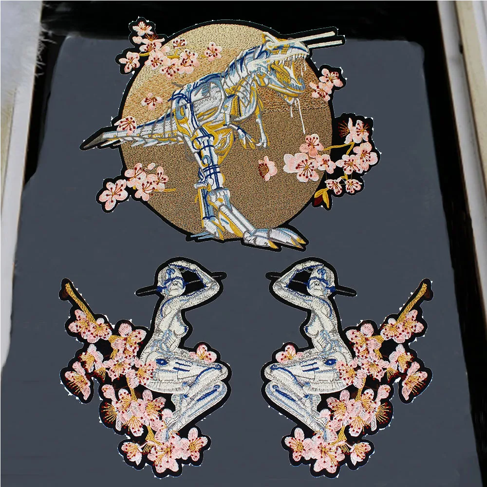 

Mechanical Dinosaur Cherry Blossoms Plum Flower Patch Iron on Floral Applique for Clothes Stick Coat Jeans Accessories 1set