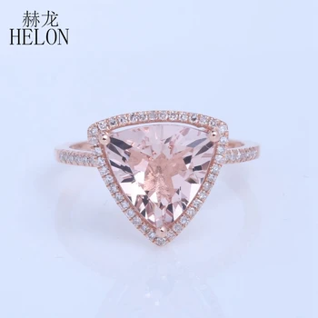 

HELON Wonderful 10X10mm Trillion 2.6ct Morganite Ring Pave Natural Diamond Ring Solid 14k Rose Gold Engagement Wedding Fine Ring