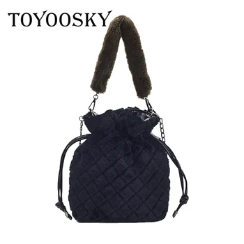 

TOYOOSKY Faux Fur handle Bucket Casual Tote Small Woman Shoulder Bags Draw String Velour Leather Crossbody Ladies Messenger Bag
