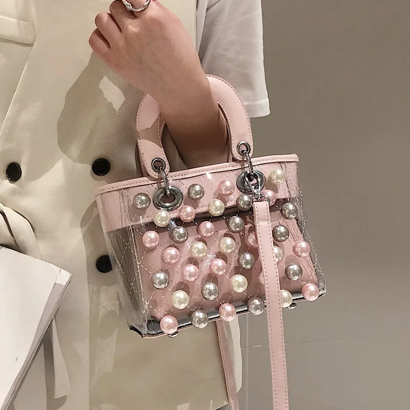 

Luxury Brand Lady Tote bag 2019 Summer New Quality PVC Transparent Women's Designer Handbag Lingge Pearl Shoulder Messenger Bags