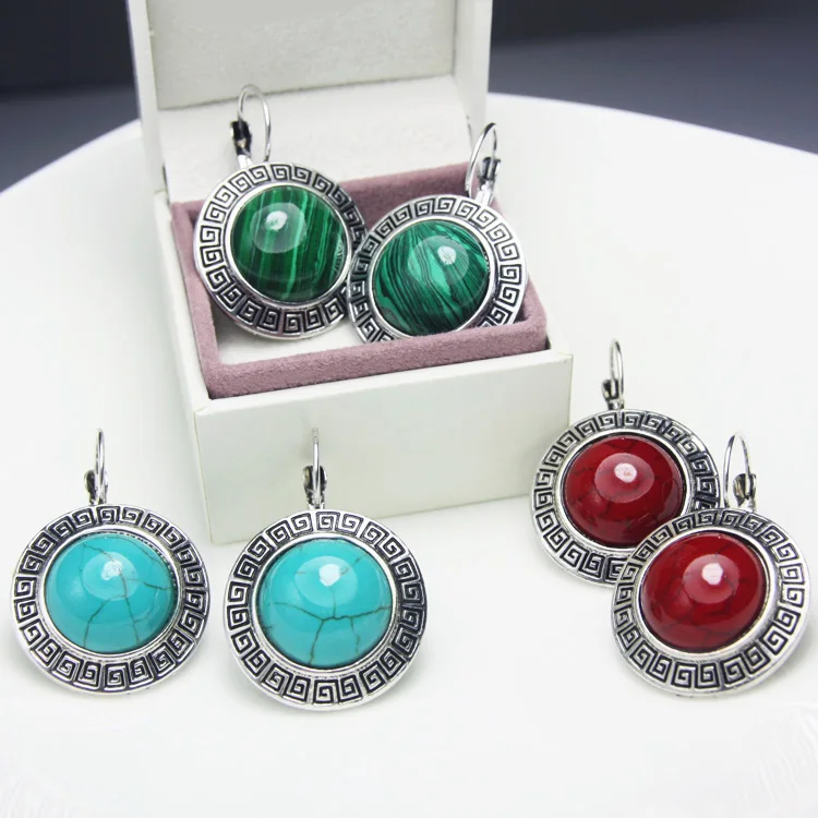 

Upscale Earrings Vintage Big Stud Earring With Stones Leverback Tibetan Silver Earrings Blue Red Green Round For Women Jewelry