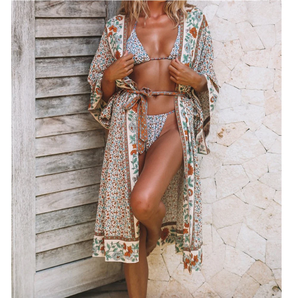 Женский чехол с цветами Ups, Солнцезащитный кардиган, женские купальники, длинные Чехлы, новинка, Boho, свободные цветы, женская пляжная одежда