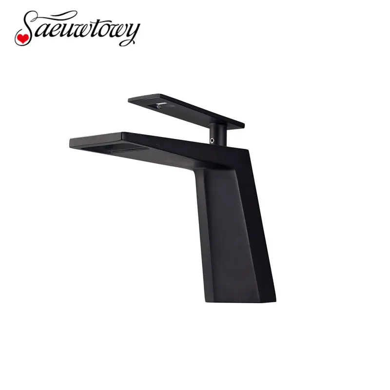 

Saeuwtowy Black Basin Faucet Deck Mounted One Holder One Hole Hot and Cold Mixer Tap Waterfall Waterway