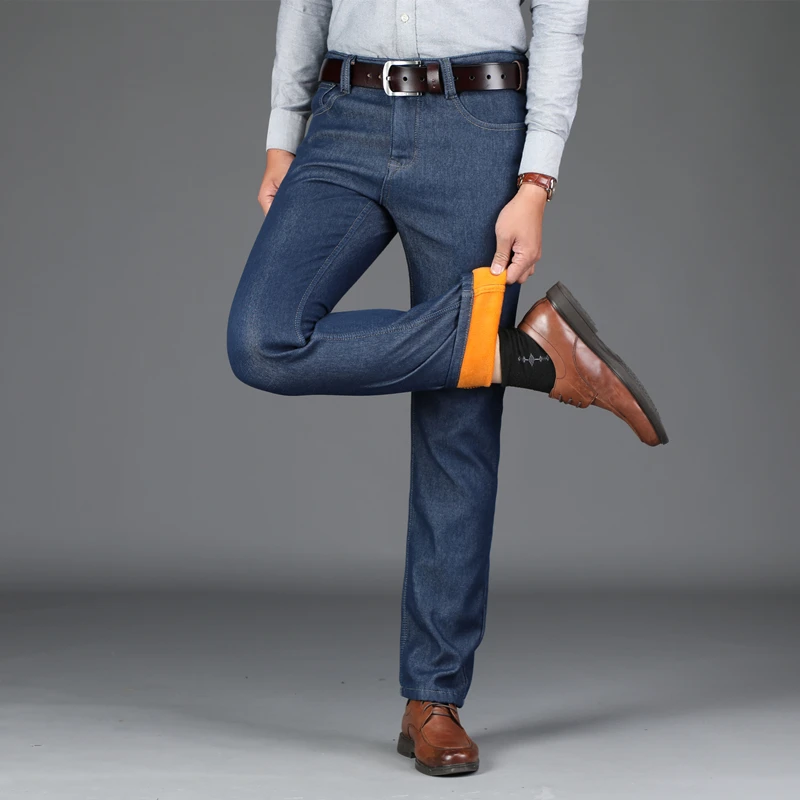 

2019 warm Winter Jeans Denim Mens Jeans Slim Fit Plus Size To 40 Mid Softener Straight Fleece Smart Casual Solid Draped Jeans