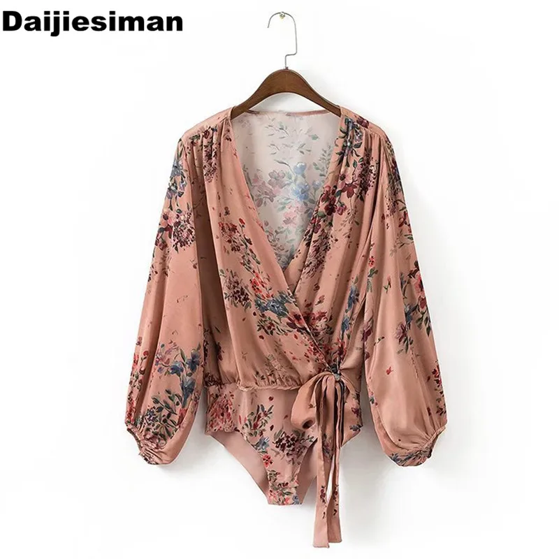 

Women Sexy Bloom Folral Print Deep Cross V-Neck Tied Bow fit Romper Body Siamese Bodysuit Vintage Long Sleeve Undershirt Autumn