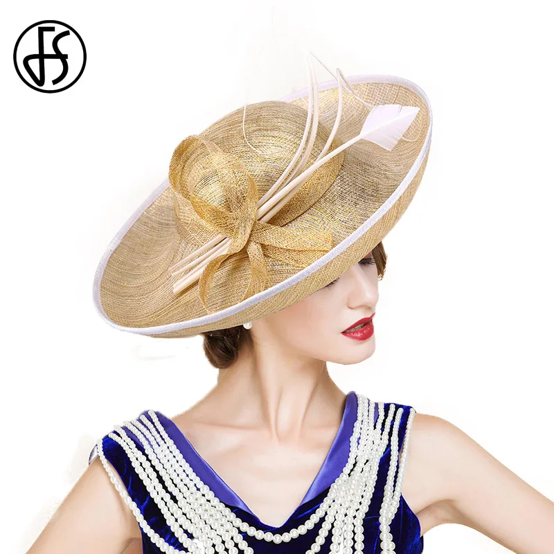 

FS Vintage Kentucky Derby Hat For Womens Gold Large Wide Brim Sinamay Ladies Dress Hats With White Feather Fedoras