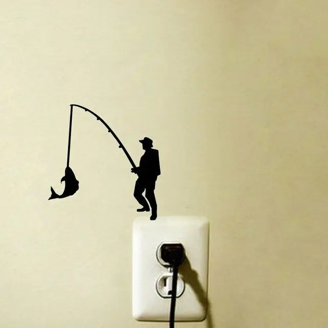 Man Fishing Vinyl Switch Sticker Funny Cartoon Fish Silhouette Wall Stickers for Bedroom Living Room Home Decor