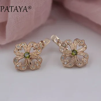

PATAYA Vintage Four Flower 585 Rose Gold Drop Earrings Round Olive Green Natural Zirconia Earrings Bohemian Wedding Jewelry
