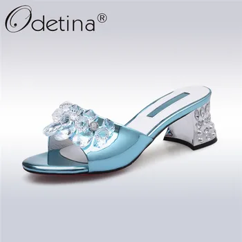 

Odetina New Fashion Patent Leather Crystal Slippers Women Hoof High Heels Open Toes Ladies Street Style Slides Shoes Summer