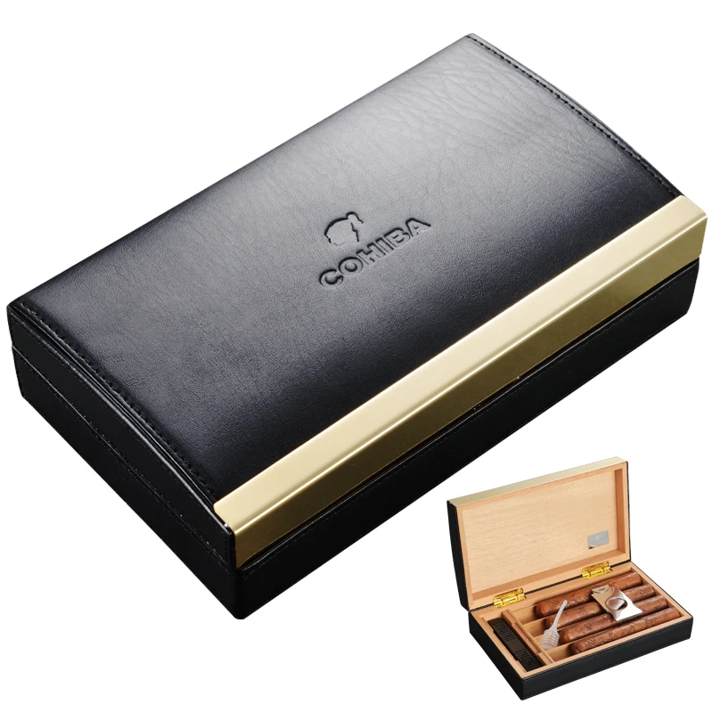 

Portable Travel Use Wooden Lining Leather Cigar Humidor W/ Cigar Cutter Two Color For Choose