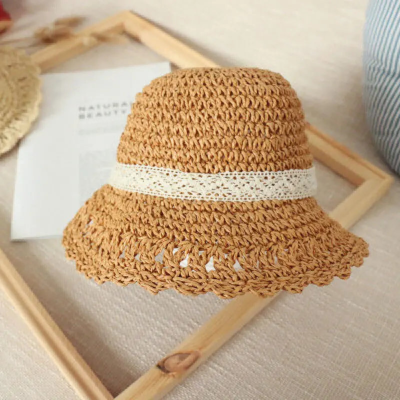 Ручной-тканевая, соломенная шляпа летняя Солнцезащитная пленка пляжный козырек Защита от ультрафиолетовых лучей складная шляпа от солнца; Симпатичная шапочка для малышей - Цвет: Khaki