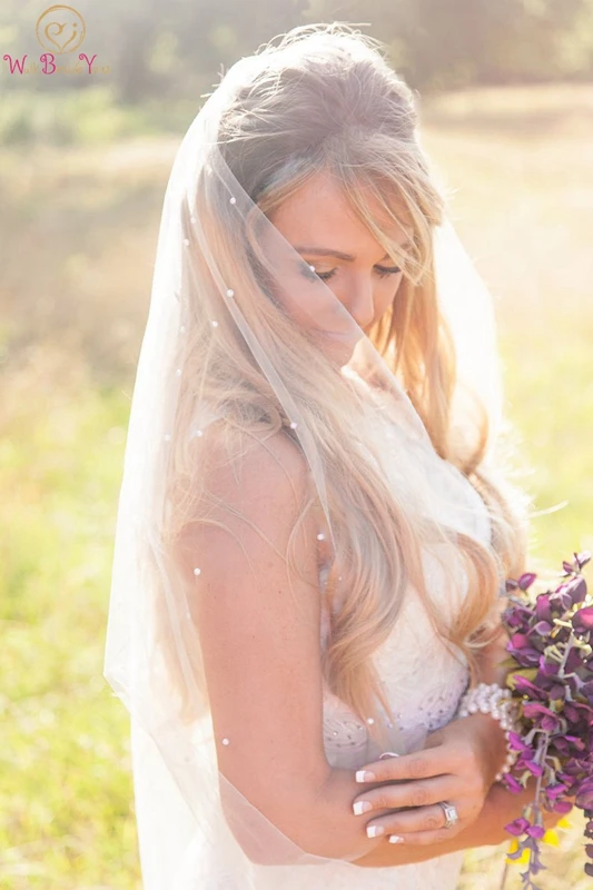 

Simple Wedding Veil 2019 Tulle With Pearls One-layer Short Length Cut Edge Custom Made Bridal Veil