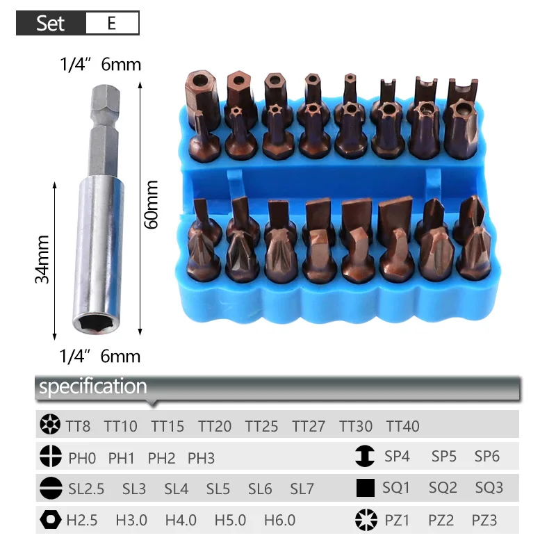 33 шт. Набор отверток S2 сталь 25 мм Набор отверток Torx Phillips шестигранные наконечники отвертки с 1/4 магнитным держателем для бит - Цвет: E