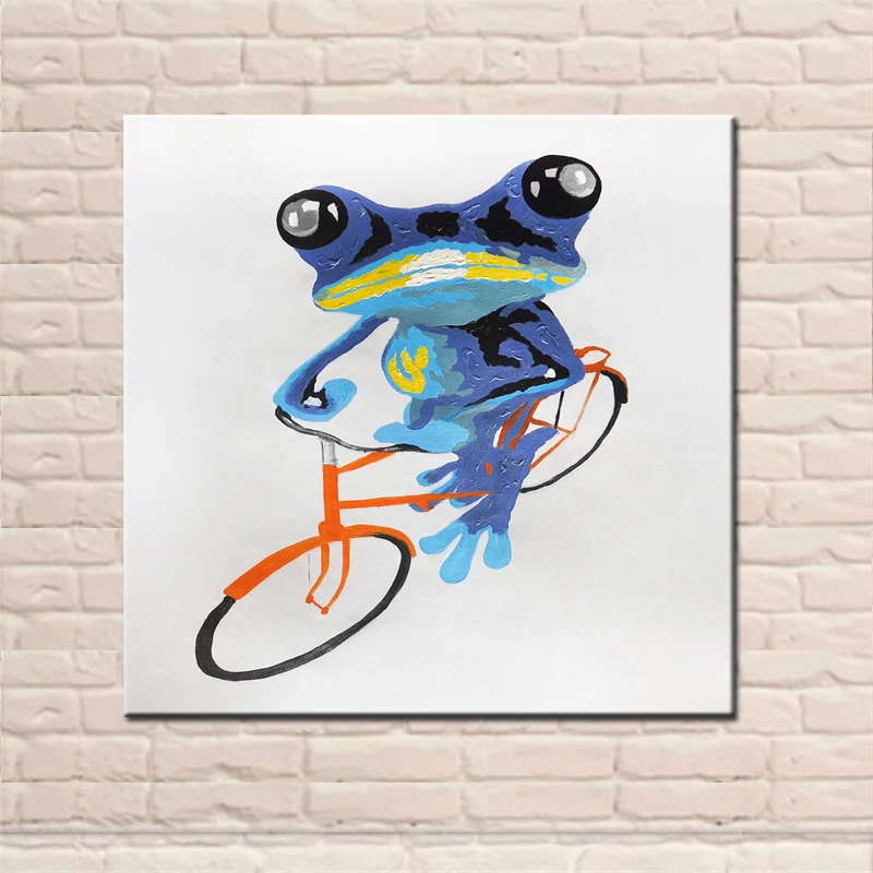

New Design Colorful Frog with Bike Funny Hand Painted Acrylic Animal Oil Paintings on Canvas Wall Pictures for Living Room Decor