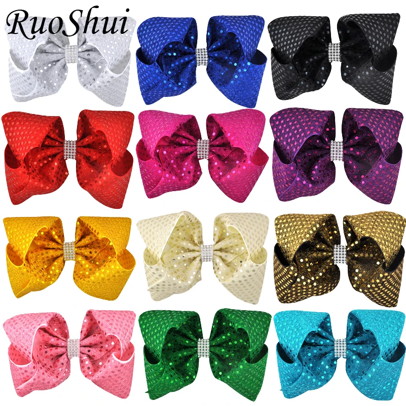 

12PCS/LOT 8 Inch Rhinestone Bling Sequin Bow Hairgrip Grosgrain Ribbon Alligator Clips Headwear Children Girls Hair Accessories