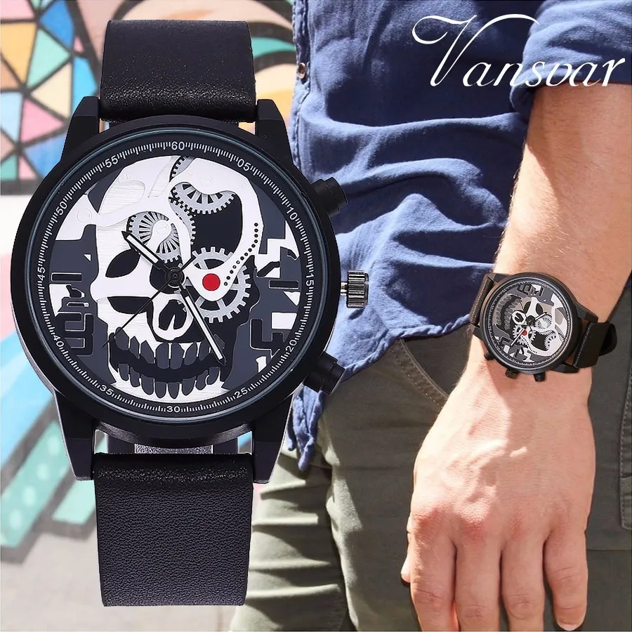 

Vansvar Brand Men Unique Pirate Skeleton Skull Quartz Watches Luxury Leather Men Sports Watch Relogio Masculino Dropshipping