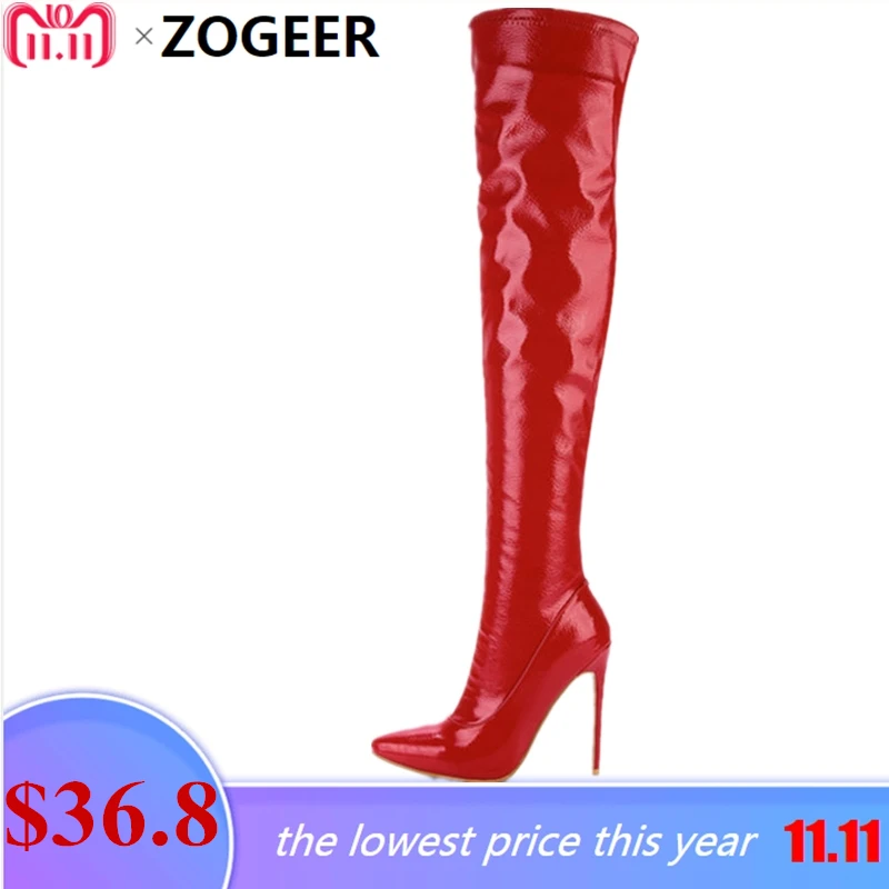 

Plus Size 48 New 2018 Women Thigh High Boots Fashion Patent Leather Over The Knee Boots Sexy Nightclub Dance Ladies Shoes Red