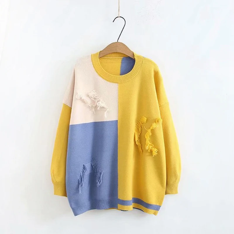 Patchwork Women Sweater Plus Size Casual Round Neck Loose Long Sleeve Hole Tassel Knitted Sweaters Pullovers  KKFY2899