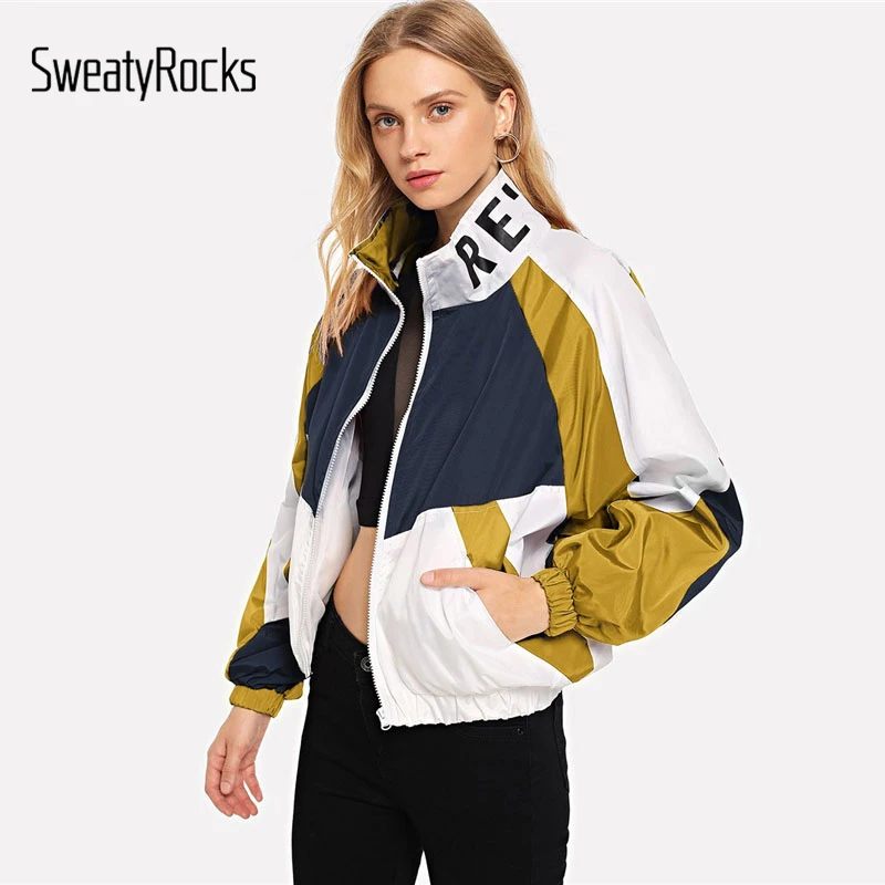 

SweatyRocks Athleisure Zip Up Colorblock Letter Print Jacket 2018 New Stand Collar Bomber Jacket Women Autumn Casual Overcoats