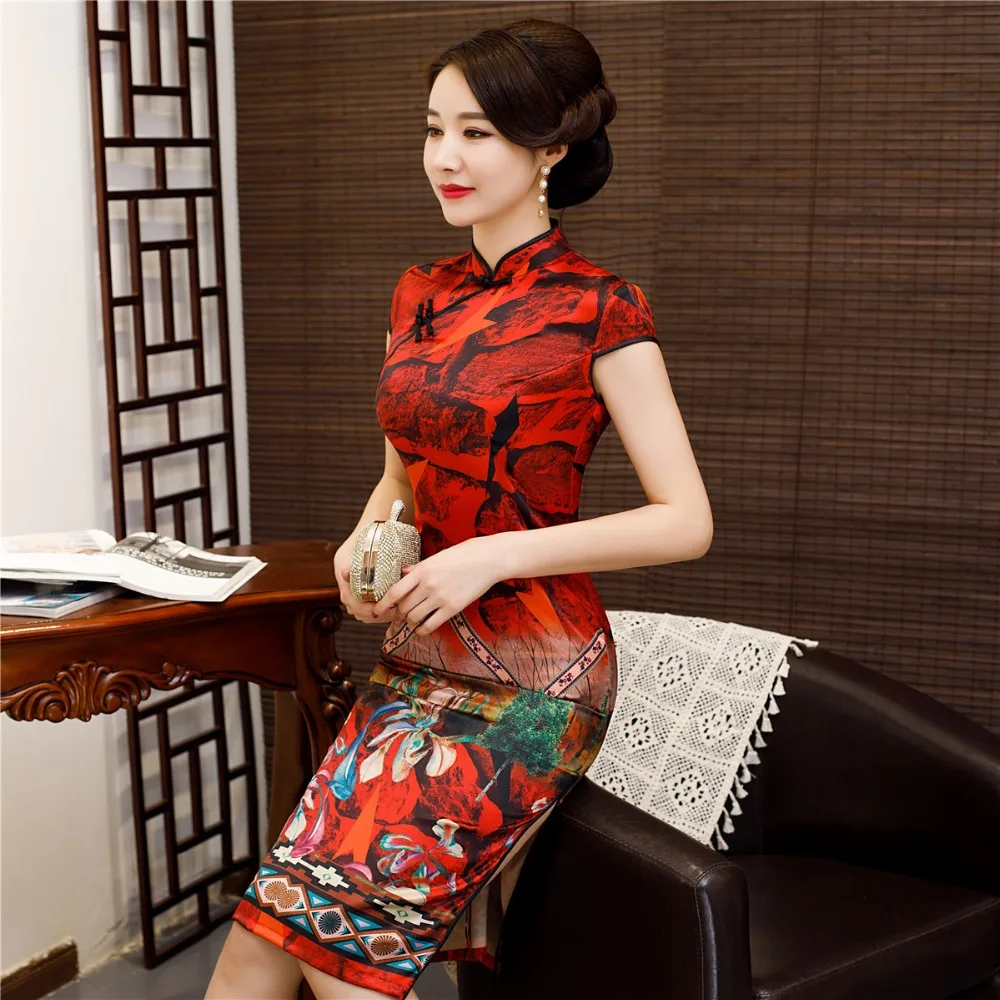 Шанхай история китайский стиль Платье До Колена Cheongsam цветочный Qipao восточное платье с коротким рукавом Вечерние платья для женщин