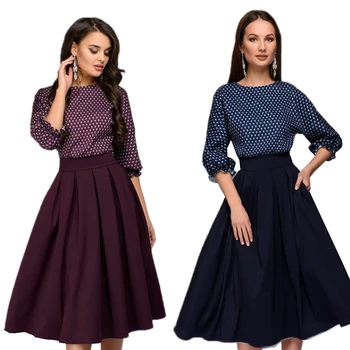 

Elegant Dot Print Three Quarter Sleeve O Neck Knee Length A Line Vintage Dress 2020 Autumn Winter Women Clothing Pleated Vestido