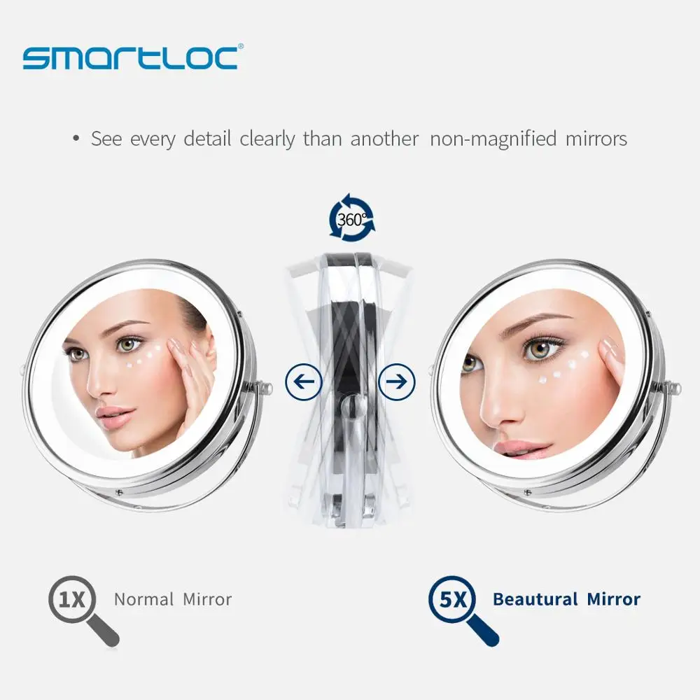 smartloc Extendable LED 8 inch 5X Magnifying Bathroom Wall Mounted Mirror Mural Light Vanity Makeup Bath Cosmetic Smart Mirrors