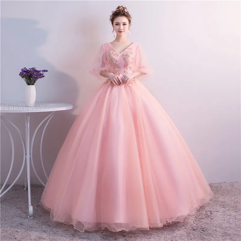 100%real light pink bubble sleeve cosplay ball gown medieval dress ...