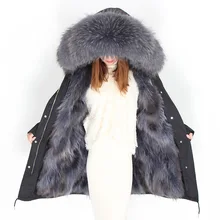 Женское зимнее длинное пальто из натурального меха енота с капюшоном, Свободные повседневные парки с натуральным мехом, теплая хлопковая куртка Mujer